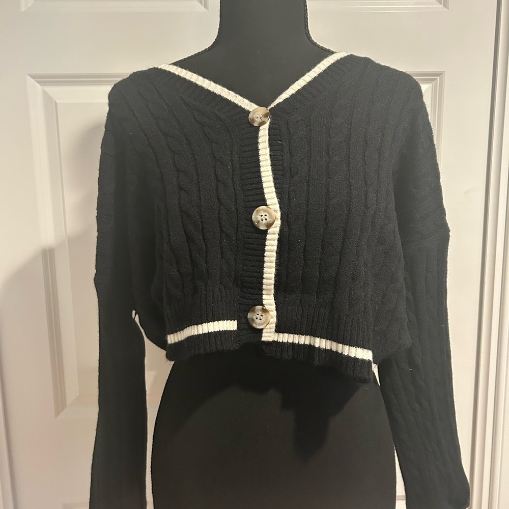 Black and White Cropped Cardigan Sweater